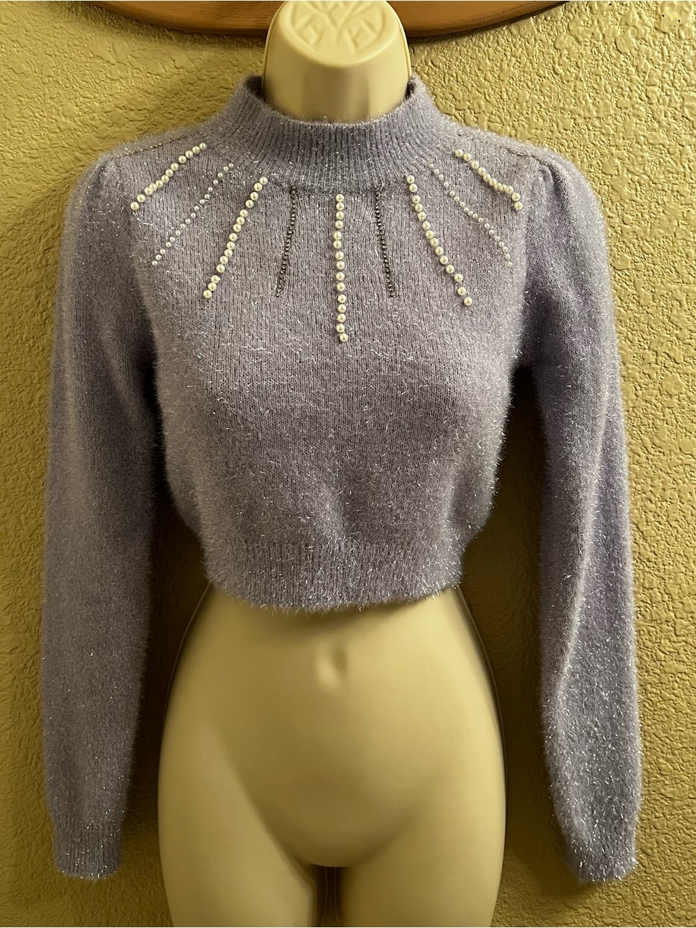 Cropped Mock Neck Pearl-Embellished Sweater - Lavender
